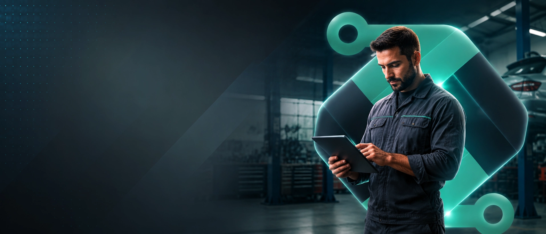 Mecânico consultando o sistema Topcar Express em uma oficina mecânica